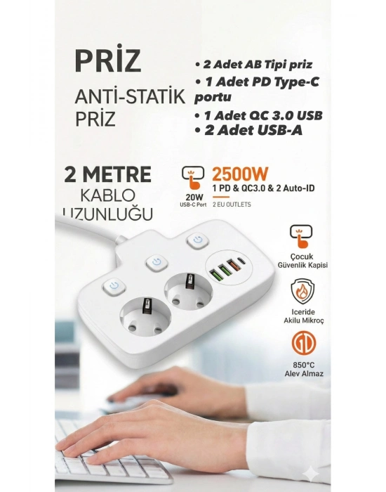 ® Akım Korumalı 2500W Güçlü 3 USB + Type-C Portlu Çoklu Priz | Hızlı Şarj, Çocuk Kilidi, 2 METRE