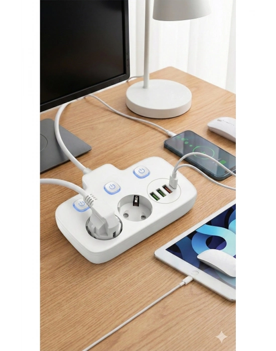 ® Akım Korumalı 2500W Güçlü 3 USB + Type-C Portlu Çoklu Priz | Hızlı Şarj, Çocuk Kilidi, 2 METRE