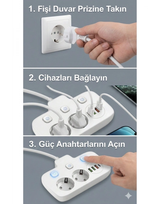 ® Akım Korumalı 2500W Güçlü 3 USB + Type-C Portlu Çoklu Priz | Hızlı Şarj, Çocuk Kilidi, 2 METRE