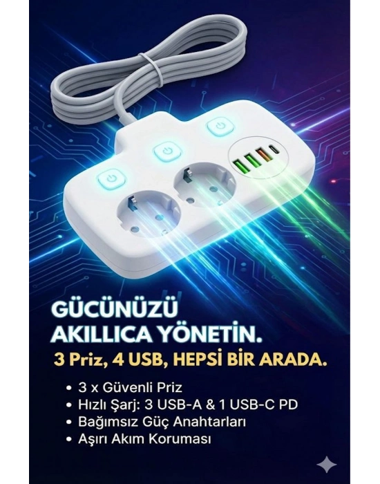 ® Akım Korumalı 2500W Güçlü 3 USB + Type-C Portlu Çoklu Priz | Hızlı Şarj, Çocuk Kilidi, 2 METRE