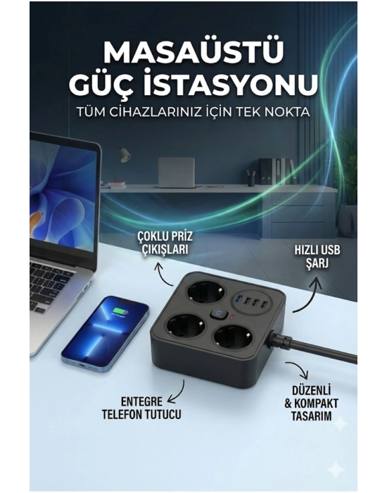 ® AKIM KORUMALI Avrupa Soket Kartı Tip-C Usb 2 m Uzatma Kablosu Emniyet Anahtarı ile