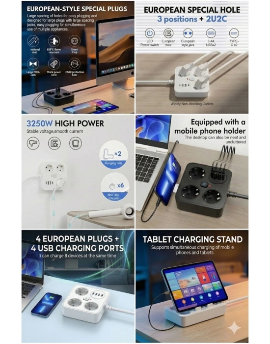 ® AKIM KORUMALI Avrupa Soket Kartı Tip-C Usb 2 m Uzatma Kablosu Emniyet Anahtarı ile