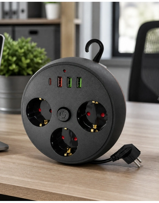 Akım Korumalı Çoklu Priz 3 Priz 3 USB 1 Type C 2 Metre Kablo Güvenli Şarj