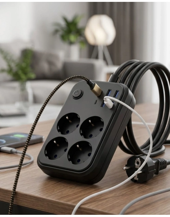 Akım Korumalı Çoklu Priz 4 USB 2 Type C 4 Priz Güvenli ve Hızlı Şarj