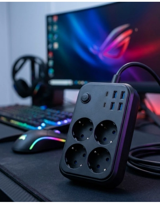 Akım Korumalı Çoklu Priz 4 USB 2 Type C 4 Priz Güvenli ve Hızlı Şarj
