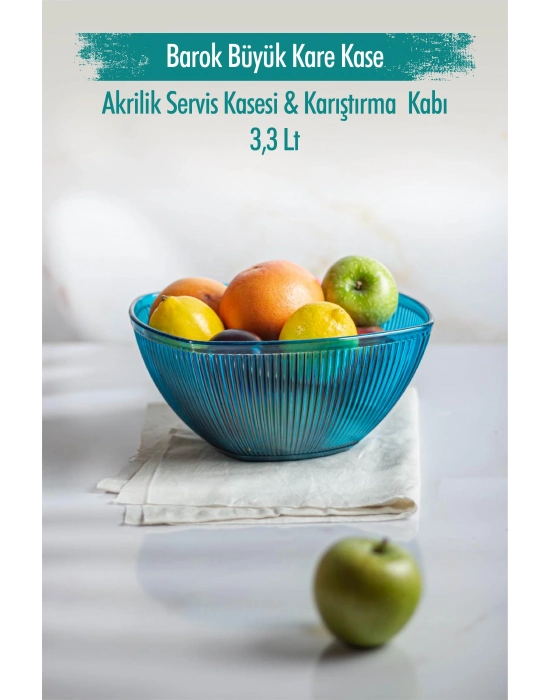 Akrilik Barok Aquamarin Büyük Kare Meyve & Salata Kasesi & Karıştırma Kabı / 3,3 Lt  (CAM DEĞİLDİR)