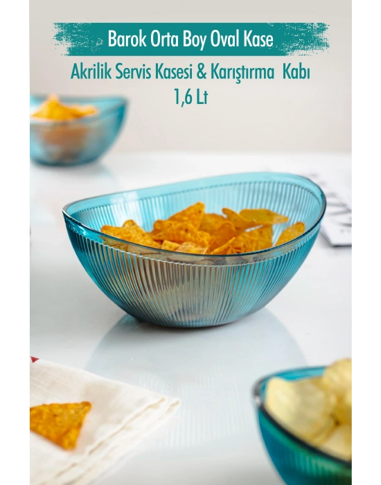 Akrilik Barok Aquamarin Orta Boy Oval Meyve & Salata Kasesi & Karıştırma Kabı / 1,6 Lt  (CAM DEĞİLDİR)