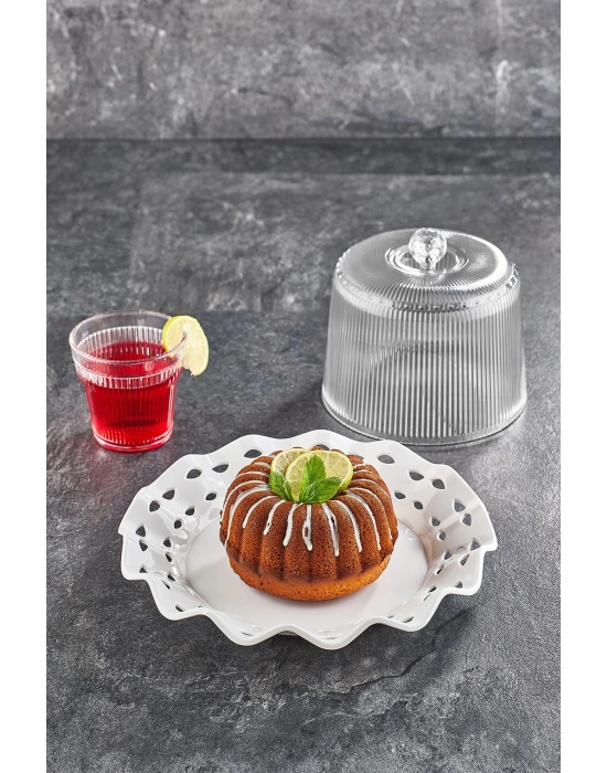 Akrilik Barok Beyaz Renk Kek Fanus & Kek Saklama Kabı & Şık Sunum Organizeri 26 Cm