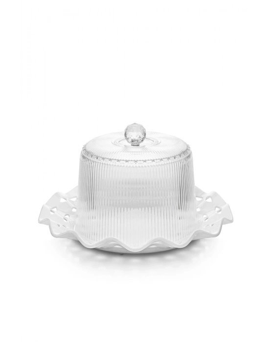 Akrilik Barok Beyaz Renk Kek Fanus & Kek Saklama Kabı & Şık Sunum Organizeri 26 Cm