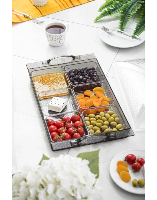 Akrilik Barok Füme 6 Bölmeli Tek Kapaklı Büyük Kahvaltılık