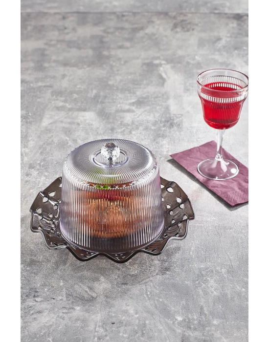 Akrilik Barok Füme Renk Kek Fanus & Kek Saklama Kabı & Şık Sunum Organizeri 26 Cm