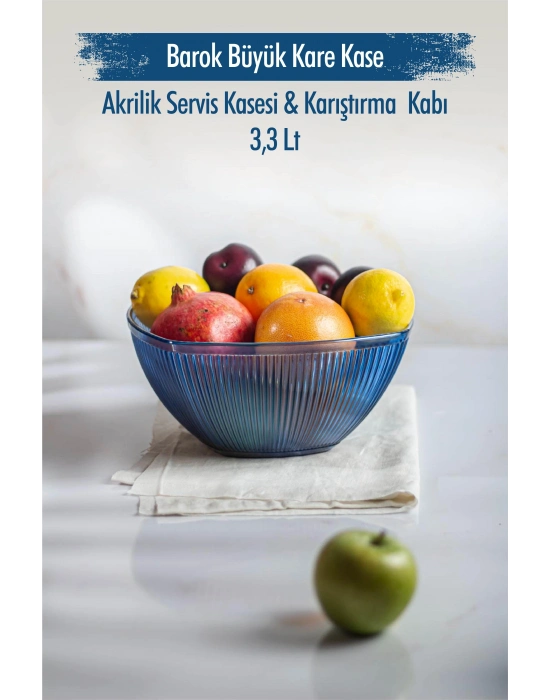 Akrilik Barok Lacivert Büyük Kare Meyve & Salata Kasesi & Karıştırma Kabı / 3,3 Lt  (CAM DEĞİLDİR)