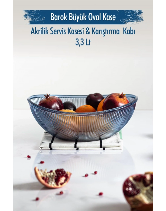 Akrilik Barok Lacivert Büyük Oval Meyve & Salata Kasesi & Karıştırma Kabı / 3,3 Lt  (CAM DEĞİLDİR)