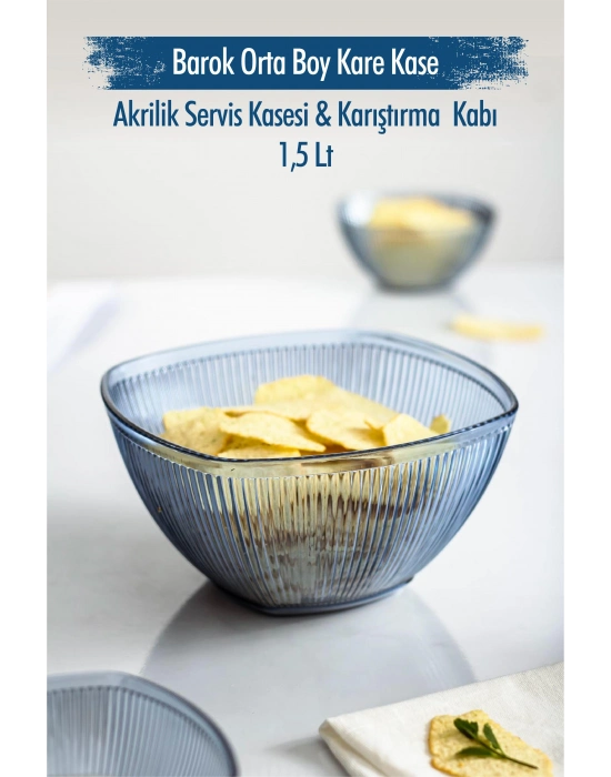 Akrilik Barok Lacivert Orta Boy Kare Meyve & Salata Kasesi & Karıştırma Kabı / 1,5 Lt  (CAM DEĞİLDİR)