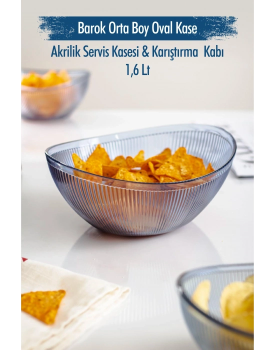 Akrilik Barok Lacivert Orta Boy Oval Meyve & Salata Kasesi & Karıştırma Kabı / 1,6 Lt  (CAM DEĞİLDİR)
