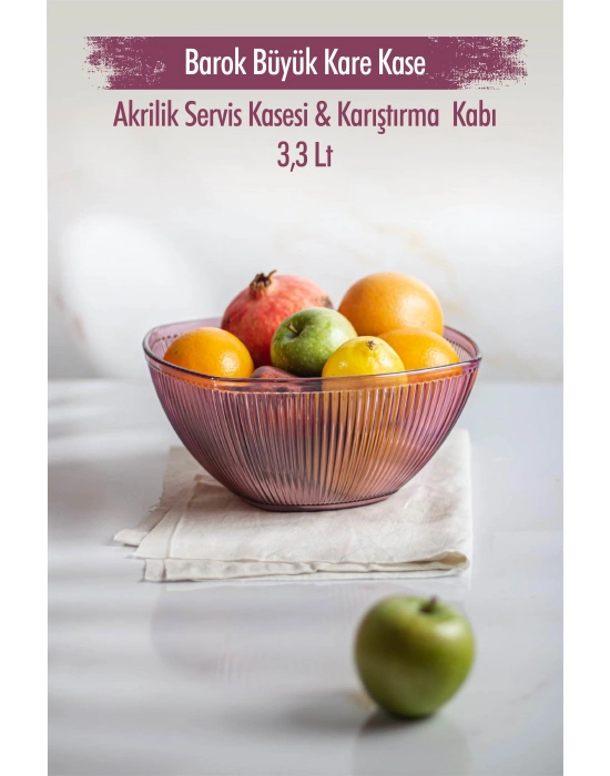Akrilik Barok Mürdüm Büyük Kare Meyve & Salata Kasesi & Karıştırma Kabı / 3,3 Lt  (CAM DEĞİLDİR)