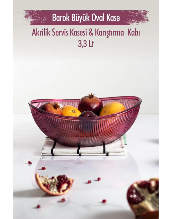Akrilik Barok Mürdüm Büyük Oval Meyve & Salata Kasesi & Karıştırma Kabı / 3,3 Lt  (CAM DEĞİLDİR)