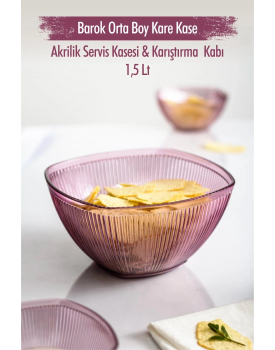 Akrilik Barok Mürdüm Orta Boy Kare Meyve & Salata Kasesi & Karıştırma Kabı / 1,5 Lt  (CAM DEĞİLDİR)