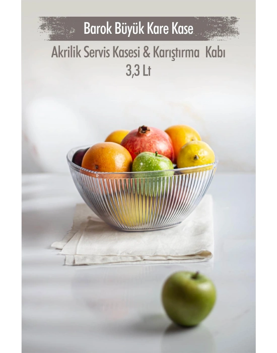 Akrilik Barok Şeffaf Büyük Kare Meyve & Salata Kasesi & Karıştırma Kabı / 3,3 Lt  (CAM DEĞİLDİR)