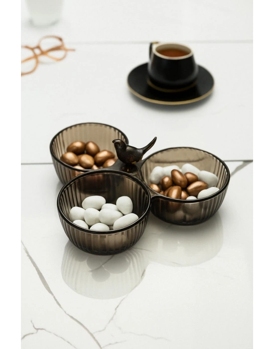 Akrilik Kuşlu Çerezlik Sunumluk Şekerlik Füme ( CAM & PORSELEN DEĞİLDİR )