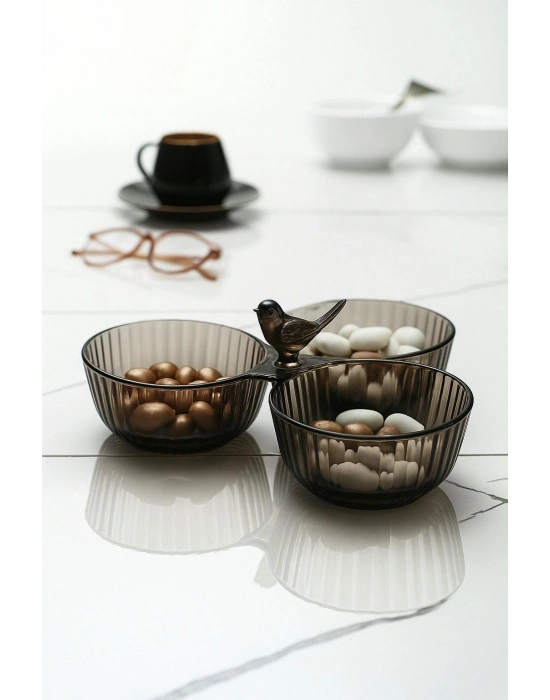 Akrilik Kuşlu Çerezlik Sunumluk Şekerlik Füme ( CAM & PORSELEN DEĞİLDİR )