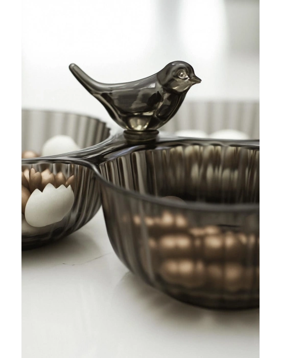 Akrilik Kuşlu Çerezlik Sunumluk Şekerlik Füme ( CAM & PORSELEN DEĞİLDİR )