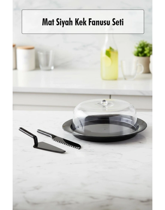 Akrilik Mat Siyah Kek Fanusu ve Servis Seti - 33 x 39 x 14 cm
