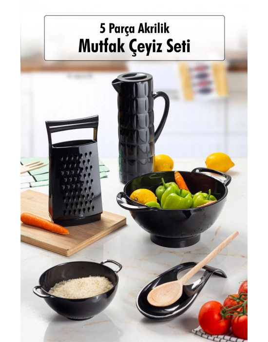 Akrilik Siyah 5 Parça Sürahi & Rende & Süzgeç & Mini Süzgeç & Kaşıklık & Mutfak Çeyiz Seti