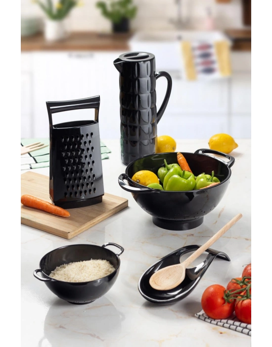 Akrilik Siyah 5 Parça Sürahi & Rende & Süzgeç & Mini Süzgeç & Kaşıklık & Mutfak Çeyiz Seti
