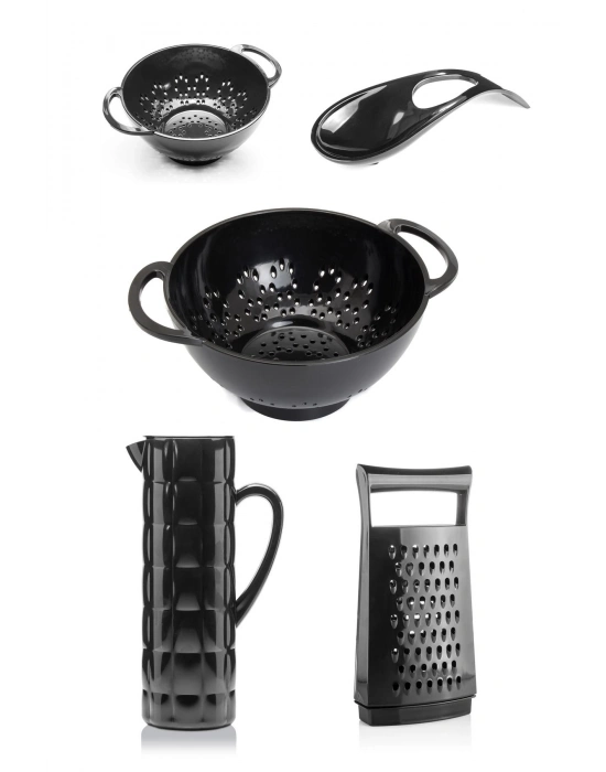 Akrilik Siyah 5 Parça Sürahi & Rende & Süzgeç & Mini Süzgeç & Kaşıklık & Mutfak Çeyiz Seti
