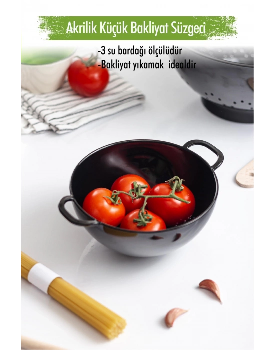 Akrilik Siyah Mini Pirinç Süzgeçi & Bakliyat Süzgeçi (3 SU BARDAĞI ÖLÇÜLÜ)