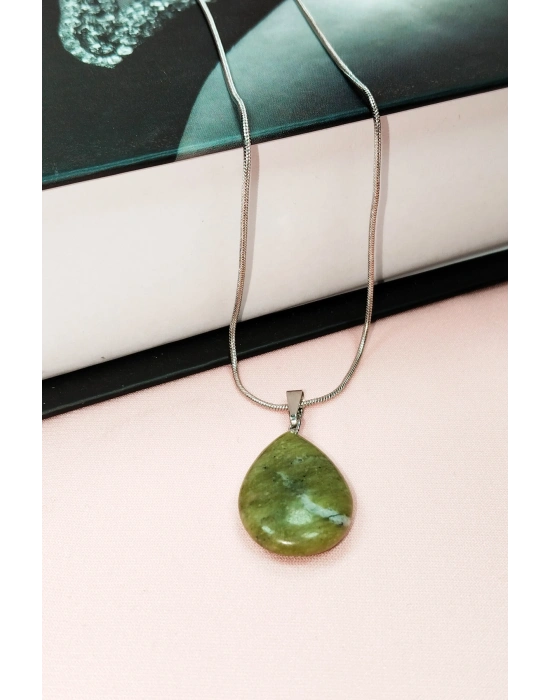 Akuamarin Doğal Taşı Zincirli El Yapımı Kolye Uç: 3 cm Zincir: 20 cm Kutulu