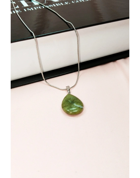 Akuamarin Doğal Taşı Zincirli El Yapımı Kolye Uç: 3 cm Zincir: 20 cm Kutulu