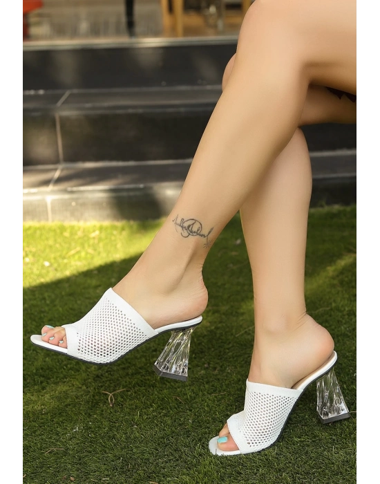Akva Beyaz Triko Şeffaf Topuklu Terlik