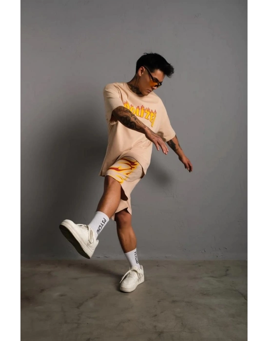  Alev Baskılı İkili Şortlu Takım - Bej -