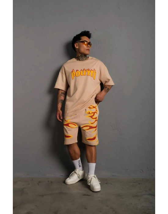  Alev Baskılı İkili Şortlu Takım - Bej -