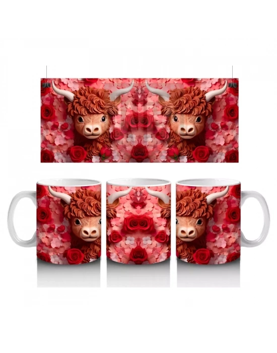 Alev Tonlarında Arka Planla İkiz Highland Buzağılar – Baskılı Kahve Kupası