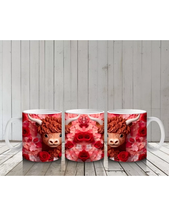 Alev Tonlarında Arka Planla İkiz Highland Buzağılar – Baskılı Kahve Kupası