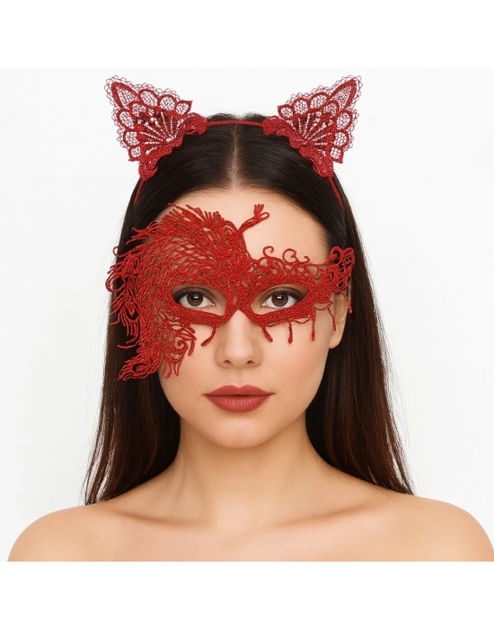 Alevin Zarafeti Kırmızı Dantel Maske Ve Taç Seti 4 No – Kadın Kostüm Tamamlayıcı