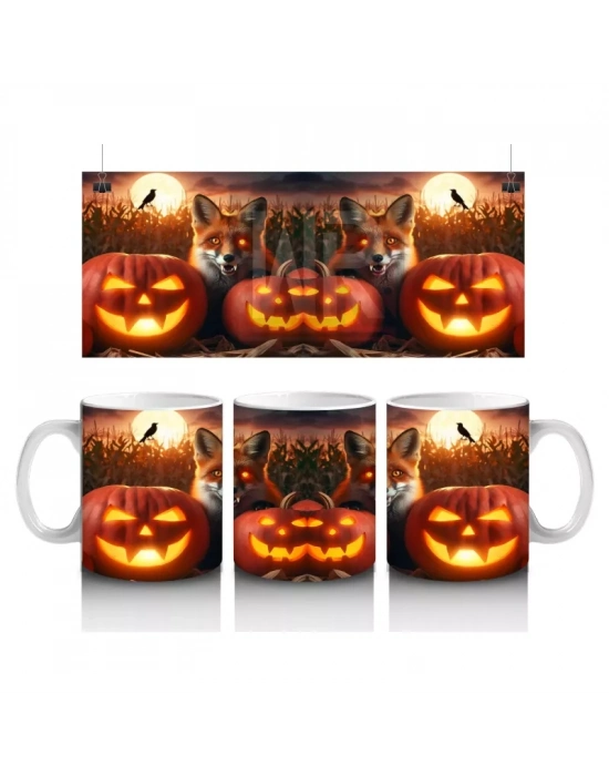 Alevli Balkabakları ve Mum Işığıyla Sıcak Tonlu Cadılar Bayramı Baskılı Kupa Bardak