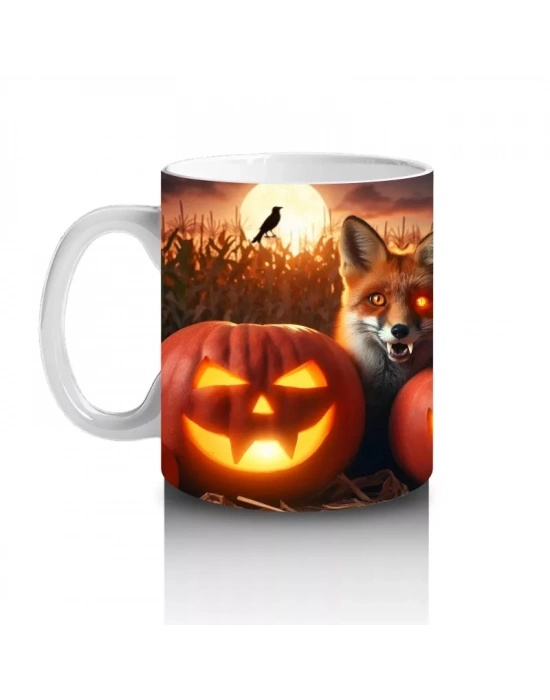 Alevli Balkabakları ve Mum Işığıyla Sıcak Tonlu Cadılar Bayramı Baskılı Kupa Bardak