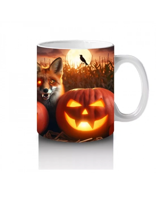 Alevli Balkabakları ve Mum Işığıyla Sıcak Tonlu Cadılar Bayramı Baskılı Kupa Bardak