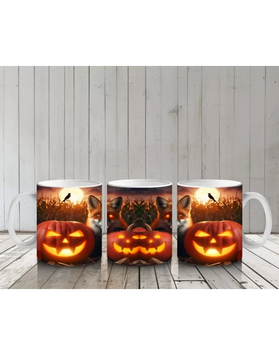 Alevli Balkabakları ve Mum Işığıyla Sıcak Tonlu Cadılar Bayramı Baskılı Kupa Bardak