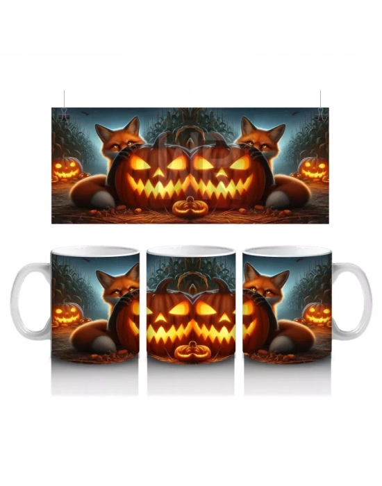 Alevli Gözleriyle Gülümseyen Balkabağı Figürlü Korku Temalı Cadılar Bayramı Baskılı Kupa Bardak