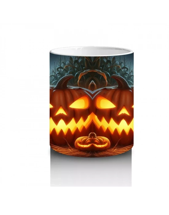 Alevli Gözleriyle Gülümseyen Balkabağı Figürlü Korku Temalı Cadılar Bayramı Baskılı Kupa Bardak