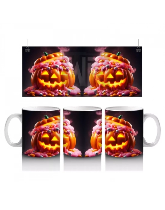 Alevli Gözlerle Gülümseyen Korkunç Balkabakları Temalı Cadılar Bayramı Baskılı Kupa