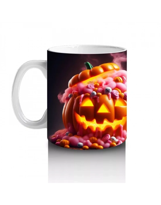 Alevli Gözlerle Gülümseyen Korkunç Balkabakları Temalı Cadılar Bayramı Baskılı Kupa