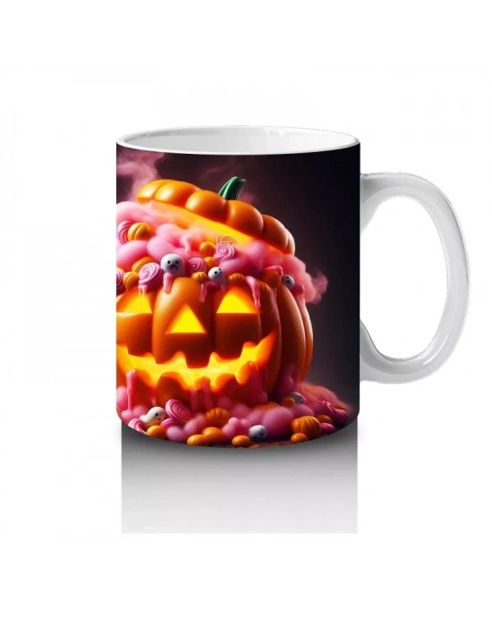 Alevli Gözlerle Gülümseyen Korkunç Balkabakları Temalı Cadılar Bayramı Baskılı Kupa