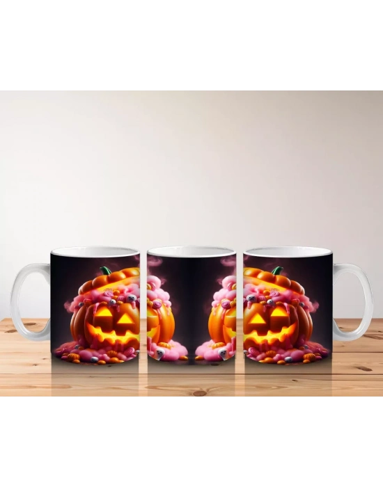 Alevli Gözlerle Gülümseyen Korkunç Balkabakları Temalı Cadılar Bayramı Baskılı Kupa