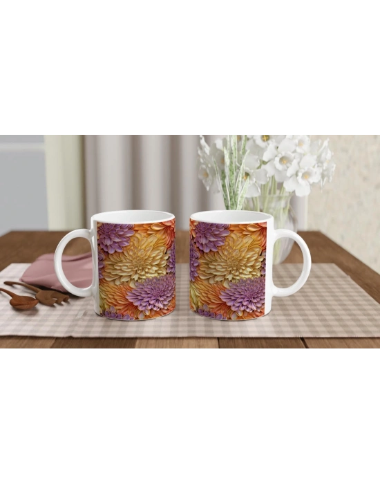 Altın Çerçeveli Mor ve Turuncu Çiçekli Kupa Bardak